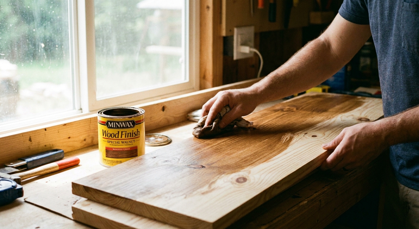 A real photograph of someone applying walnut stain to a pine shelving board with a cloth, showing a warm medium-brown finish developing in natural daylight