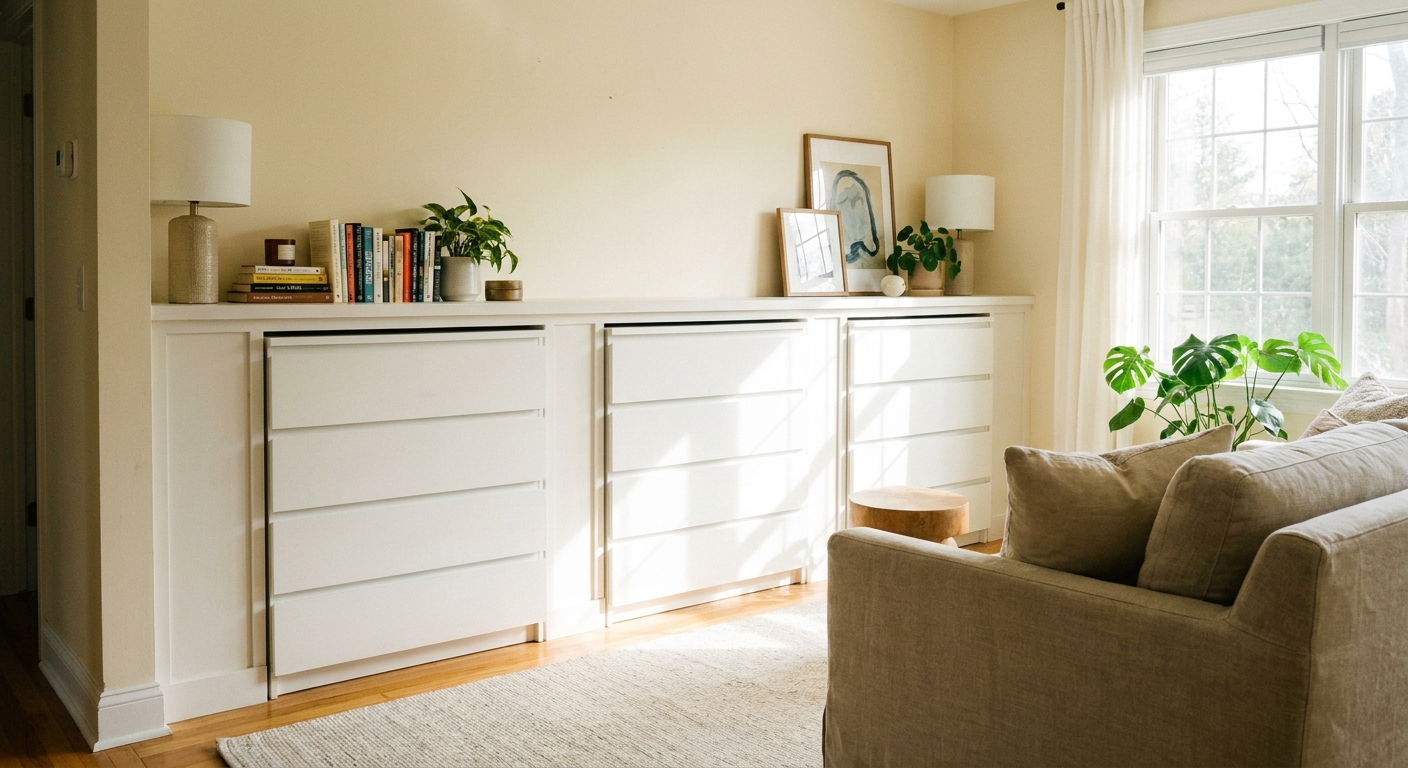 A real photograph of three IKEA MALM dressers installed side-by-side with painted filler panels and simple trim, styled like custom built-ins against a wall in a bright living room