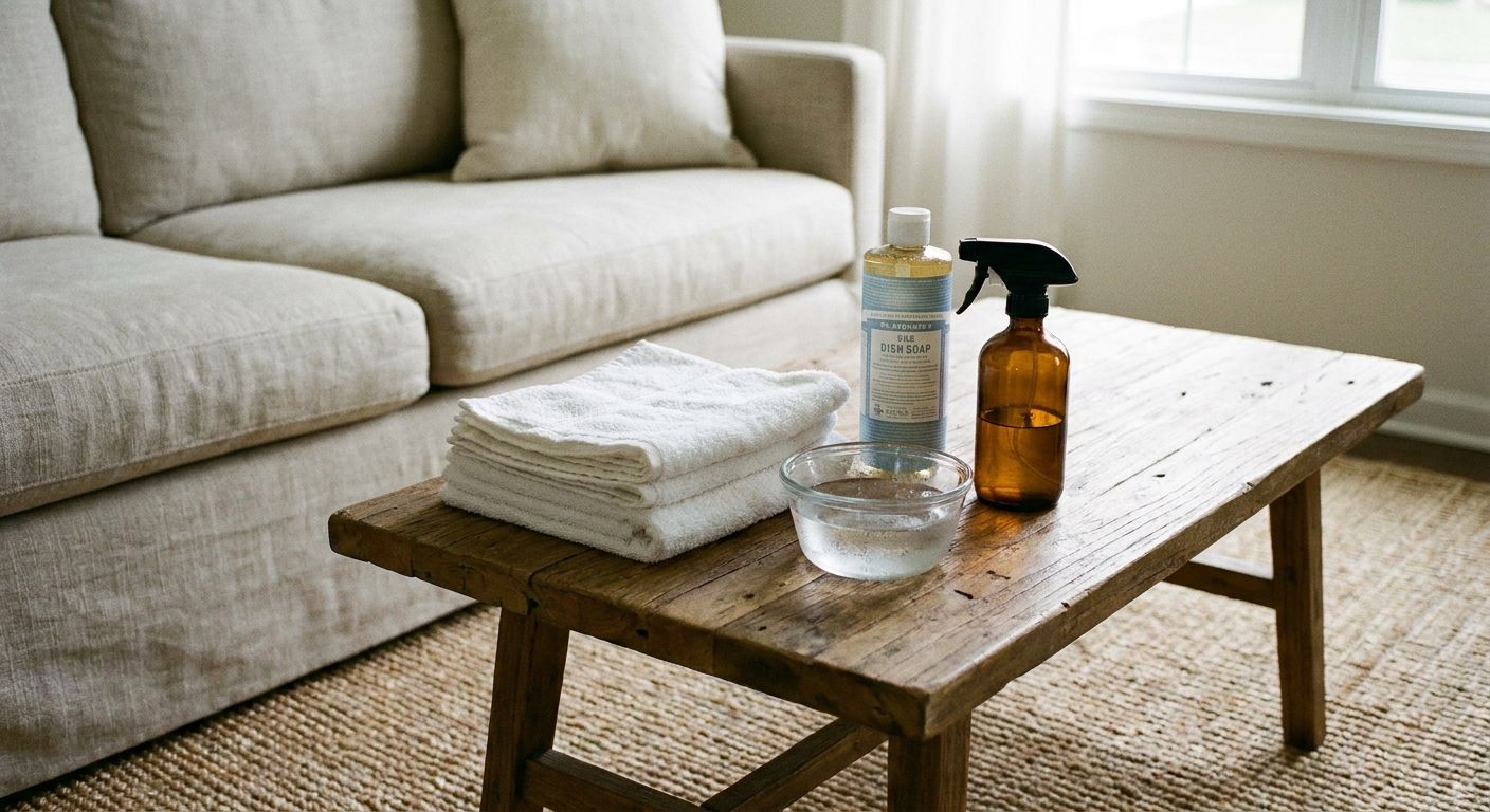 A real photograph of upholstery cleaning supplies arranged on a wooden coffee table, including white cotton cloths, a small glass bowl of cold water, mild dish soap, and a spray bottle in a neutral living room