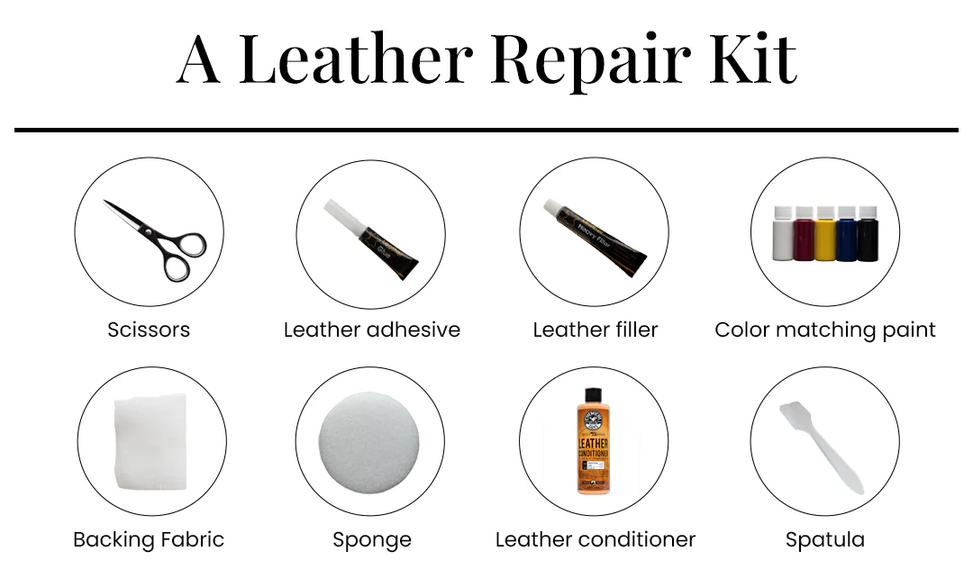 A real photograph of upholstery repair supplies on a wooden table, including small scissors, tweezers, a tube of fabric adhesive, and folded patch fabric