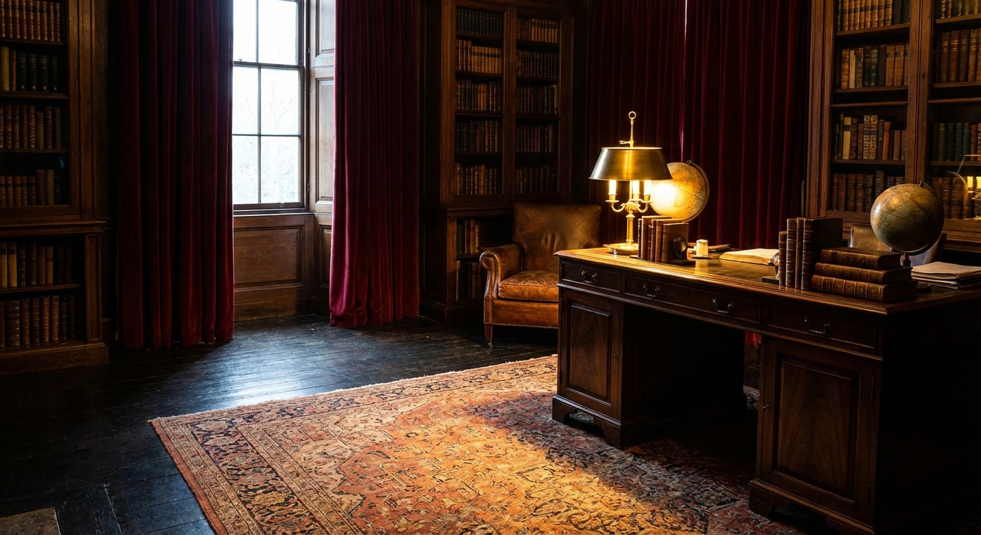 A real photograph of velvet curtains framing a window in a moody study, with warm light reflecting on a vintage rug and a wooden desk