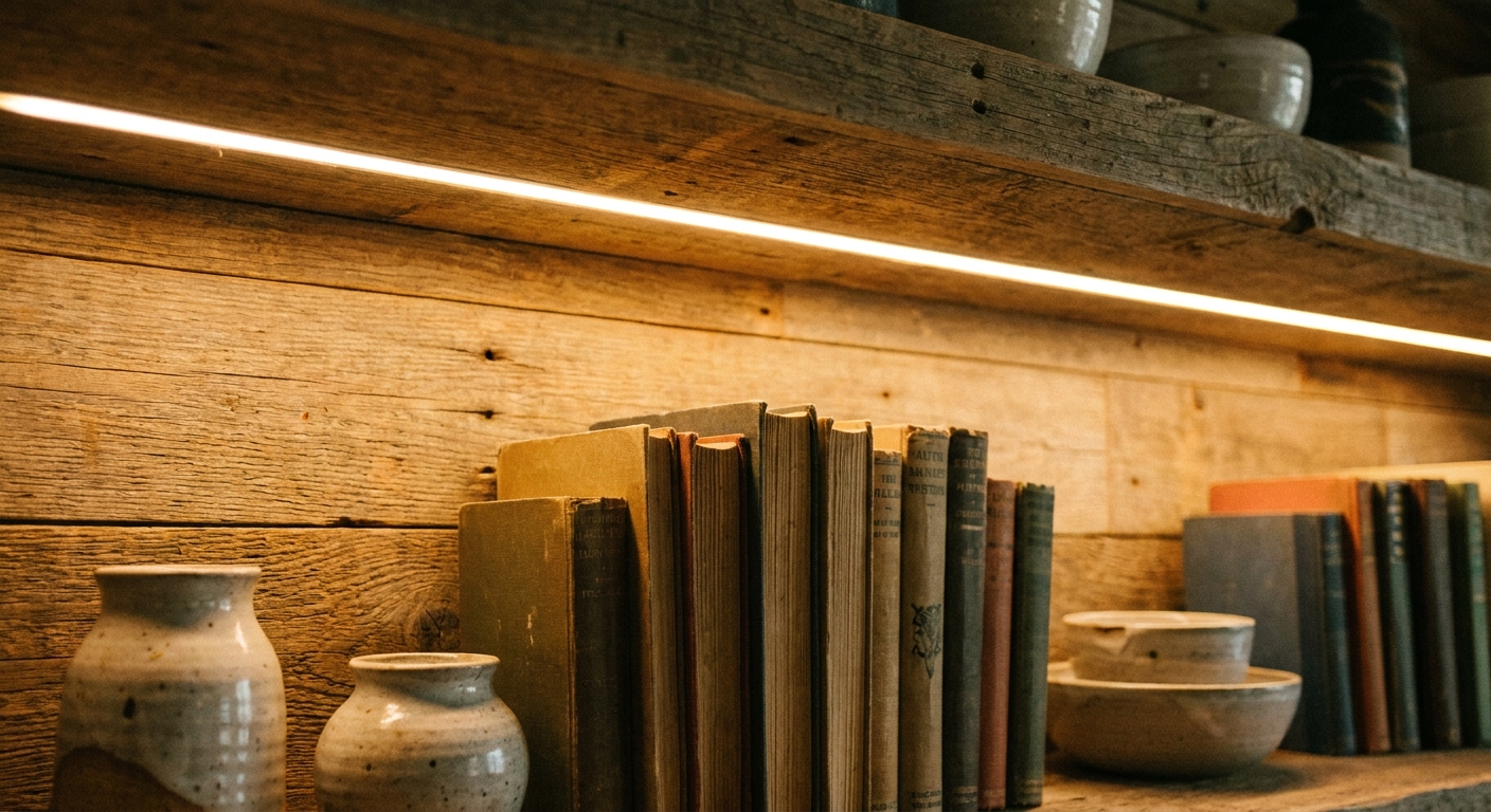 A real photograph of warm LED strip lighting mounted under a wooden shelf, casting a soft amber glow onto books and ceramics below