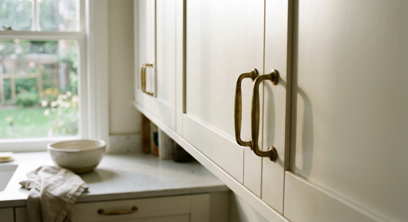 A real photograph of warm brass cabinet pulls installed on simple Sektion cabinet doors, with soft reflections from natural window light