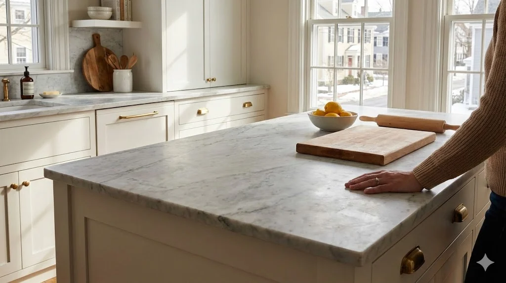 A real photograph of water droplets beading on a clean marble countertop during a sealing test in a bright kitchen