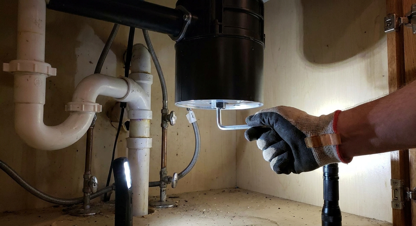A real photograph under a kitchen sink showing a hand using an Allen wrench in the bottom hex socket of a garbage disposal to manually rotate the motor, with plumbing visible