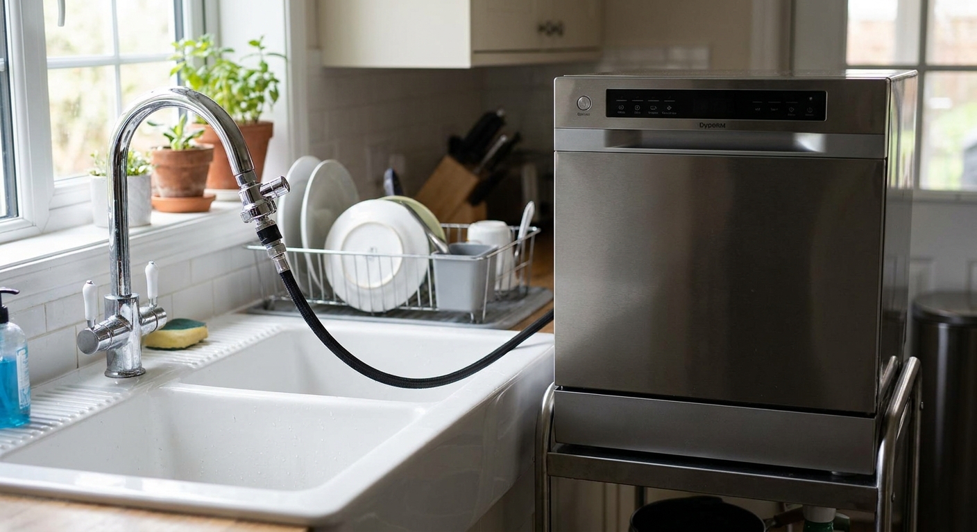 A real portable dishwasher parked beside a kitchen sink, with a quick-connect hose attached to a chrome faucet adapter, natural indoor light, realistic home photography