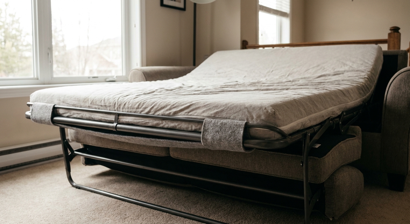 A real pull-out bed opened fully with a thin mattress lifted slightly, showing a padded felt strip placed over a metal crossbar to reduce pressure points, natural window light