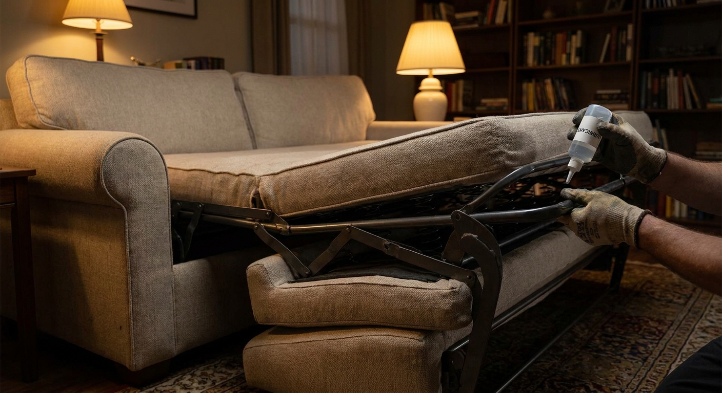 A real pull-out sleeper sofa opened halfway in a softly lit living room, showing the metal frame and hinge mechanism while a person’s hands hold a small bottle of lubricant near the joints, photographic style
