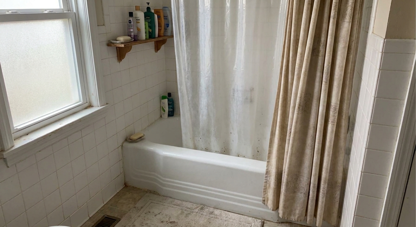 A real rental bathroom with a tub shower, a fabric shower curtain pulled aside, and a cloudy PEVA liner showing light mildew spots near the bottom hem, natural window light