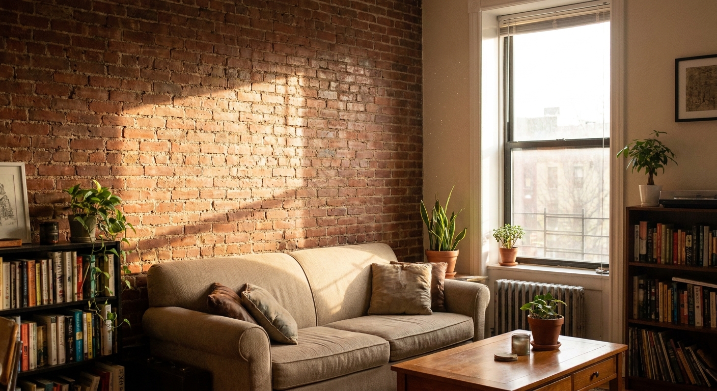 A real rental living room with an exposed brick accent wall, a neutral sofa, and sunlight highlighting light dust on the brick texture, natural photo style