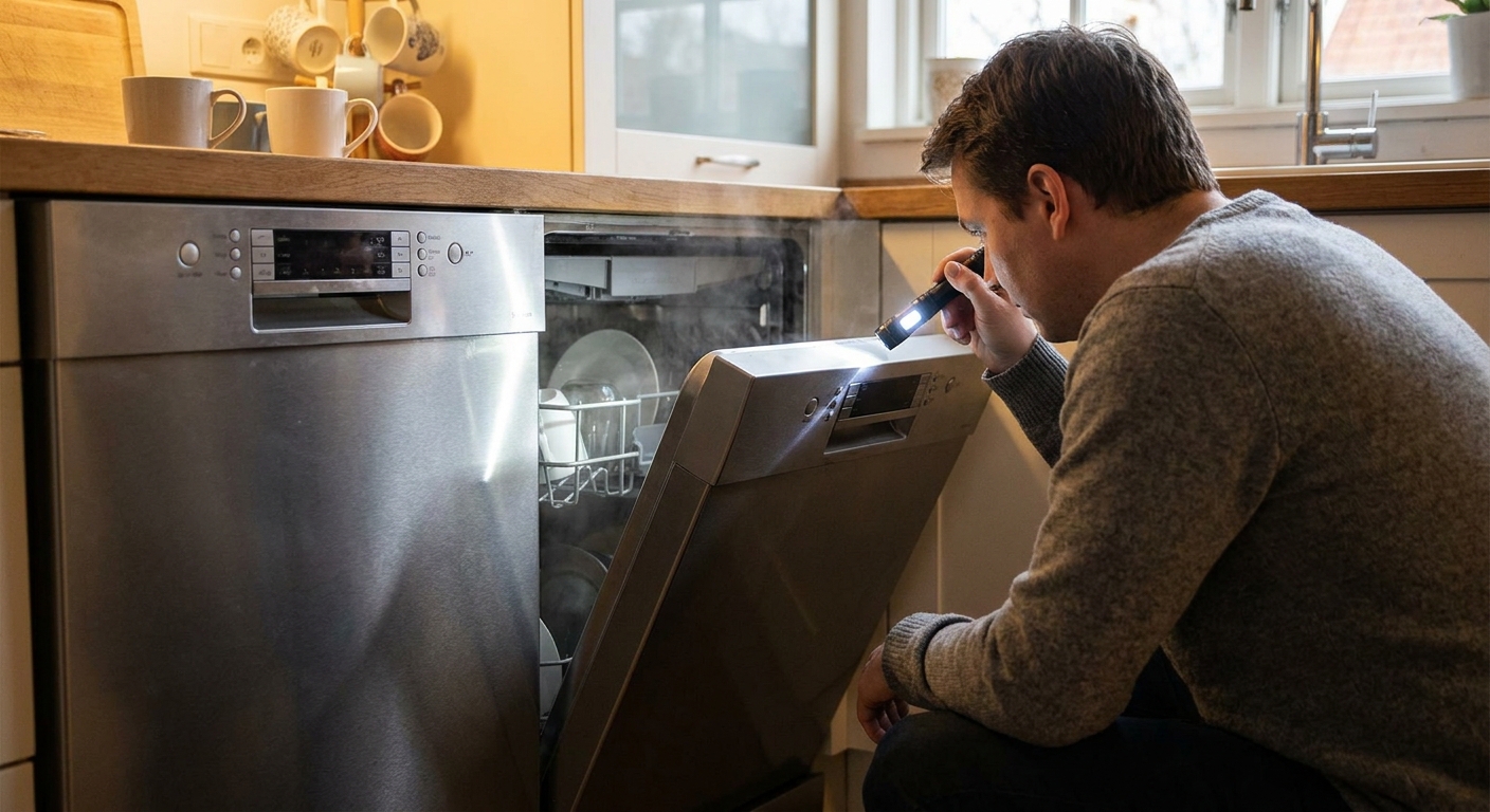 A real stainless steel dishwasher with the door slightly open while someone checks the latch area near the top edge with a small flashlight in a home kitchen