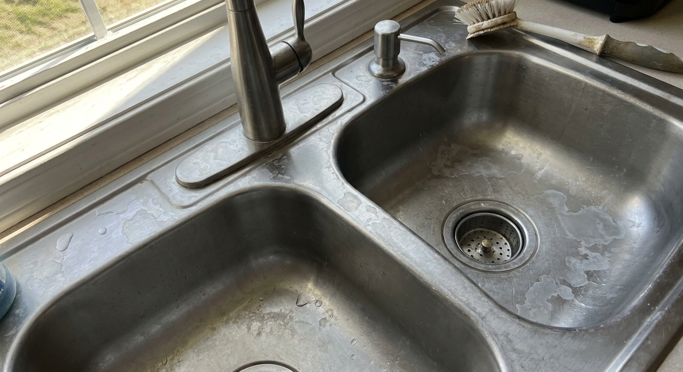 A real stainless steel kitchen sink with visible cloudy hard water spots near the drain and faucet, photographed in soft natural window light