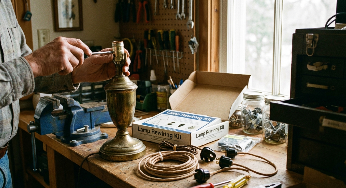 A real tabletop scene with a thrifted brass lamp, a lamp rewiring kit, and hands using a screwdriver in a cozy home workshop setting