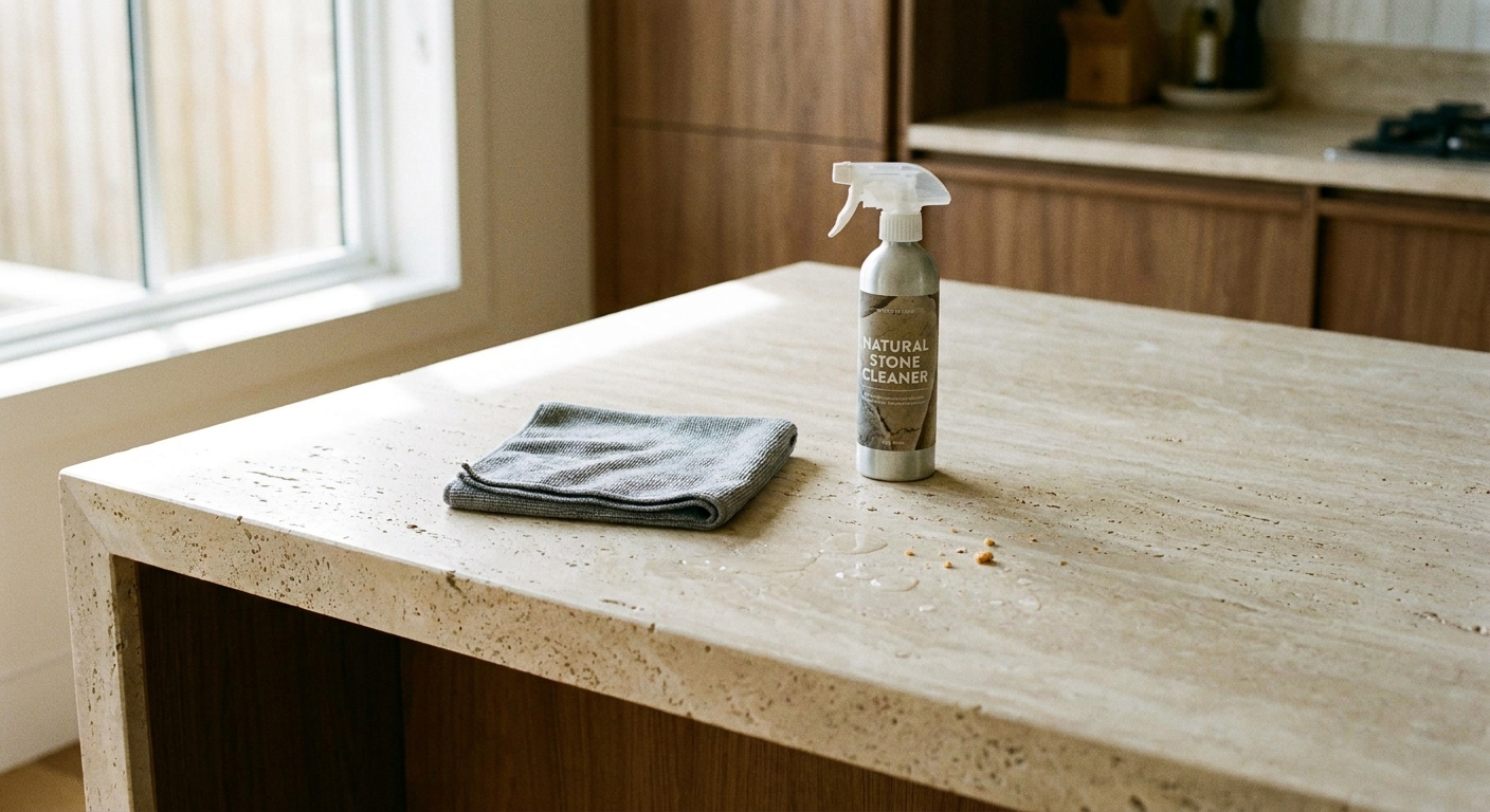 A real travertine kitchen countertop with a soft beige tone, a microfiber cloth, and a spray bottle of stone cleaner on the surface in natural window light, photo-realistic