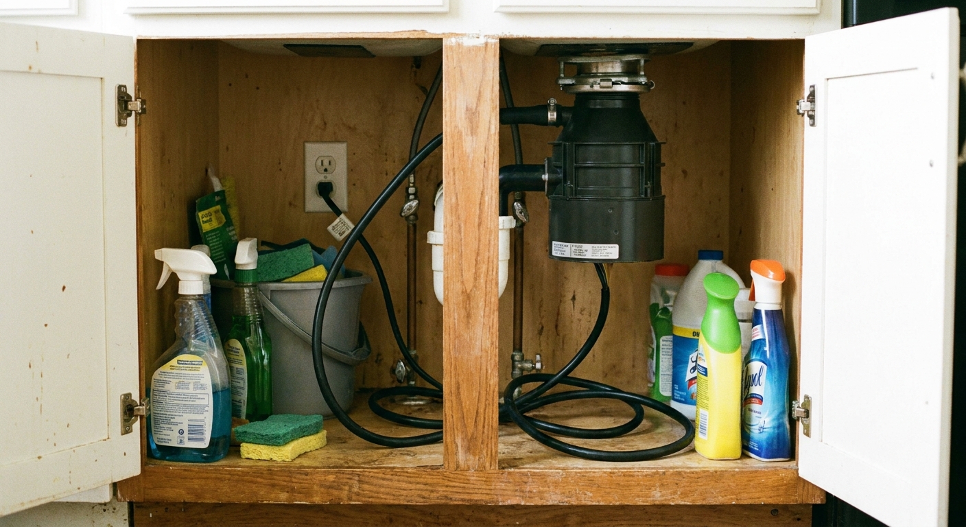 A real under-sink cabinet showing a garbage disposal power cord plugged into a wall outlet, with cleaning supplies pushed aside