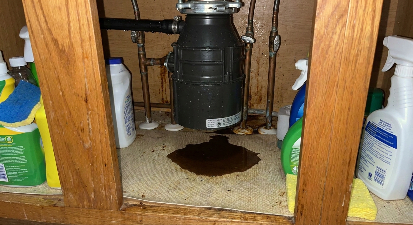 A real under-sink cabinet with a small puddle forming beneath a garbage disposal, showing moisture on the unit and pipes
