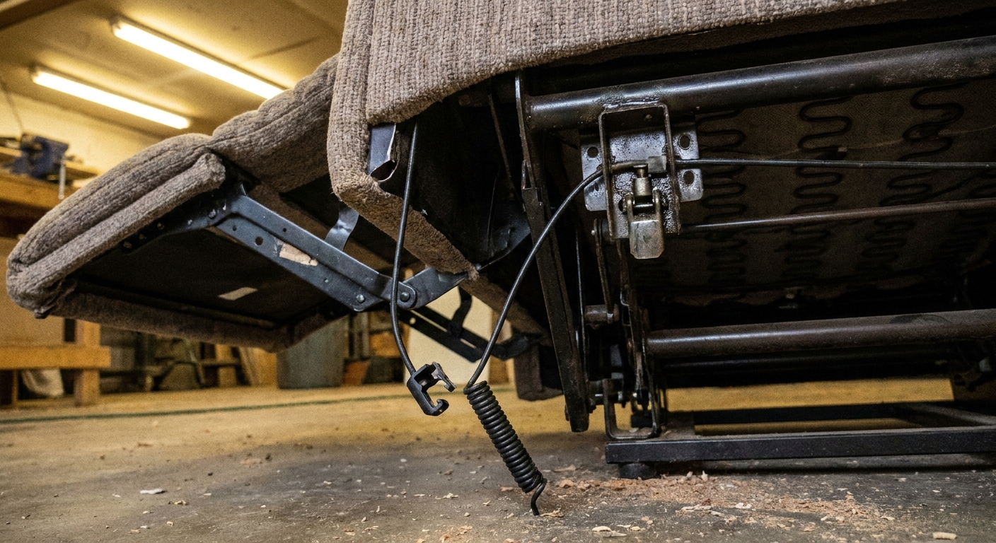 A real underside view of a manual recliner showing the release cable hanging loose near the metal latch assembly, workshop lighting