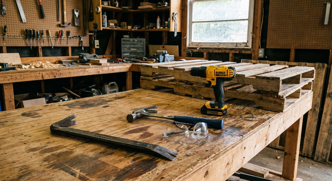 A real workshop scene with a pry bar, hammer, drill, safety glasses, and pallet boards laid out on a workbench in a garage