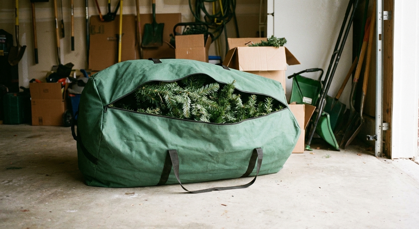 A realistic artificial Christmas tree packed inside a long green zippered storage bag on a garage floor, realistic home photography