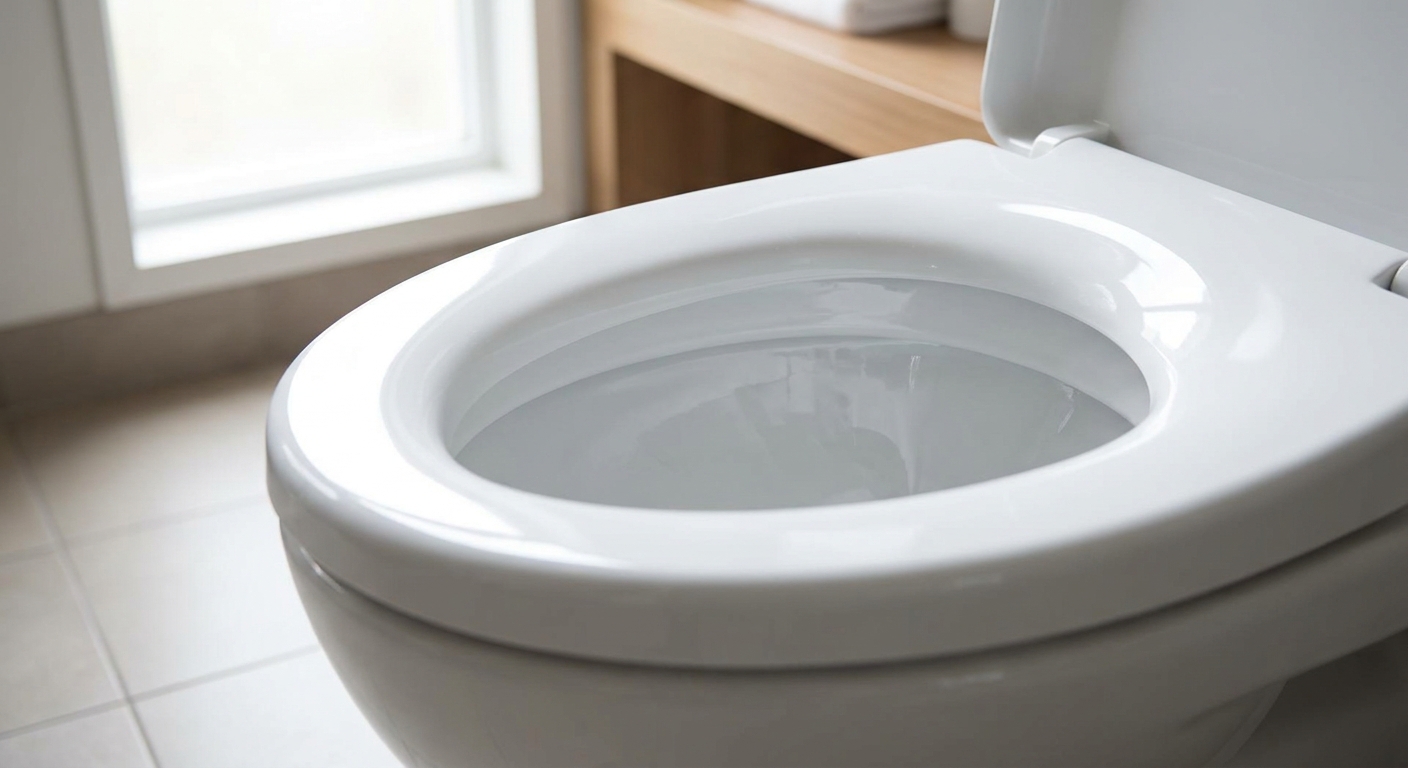 A realistic photo of a clean, glossy white porcelain toilet bowl with no visible hard water ring, photographed in soft natural bathroom light