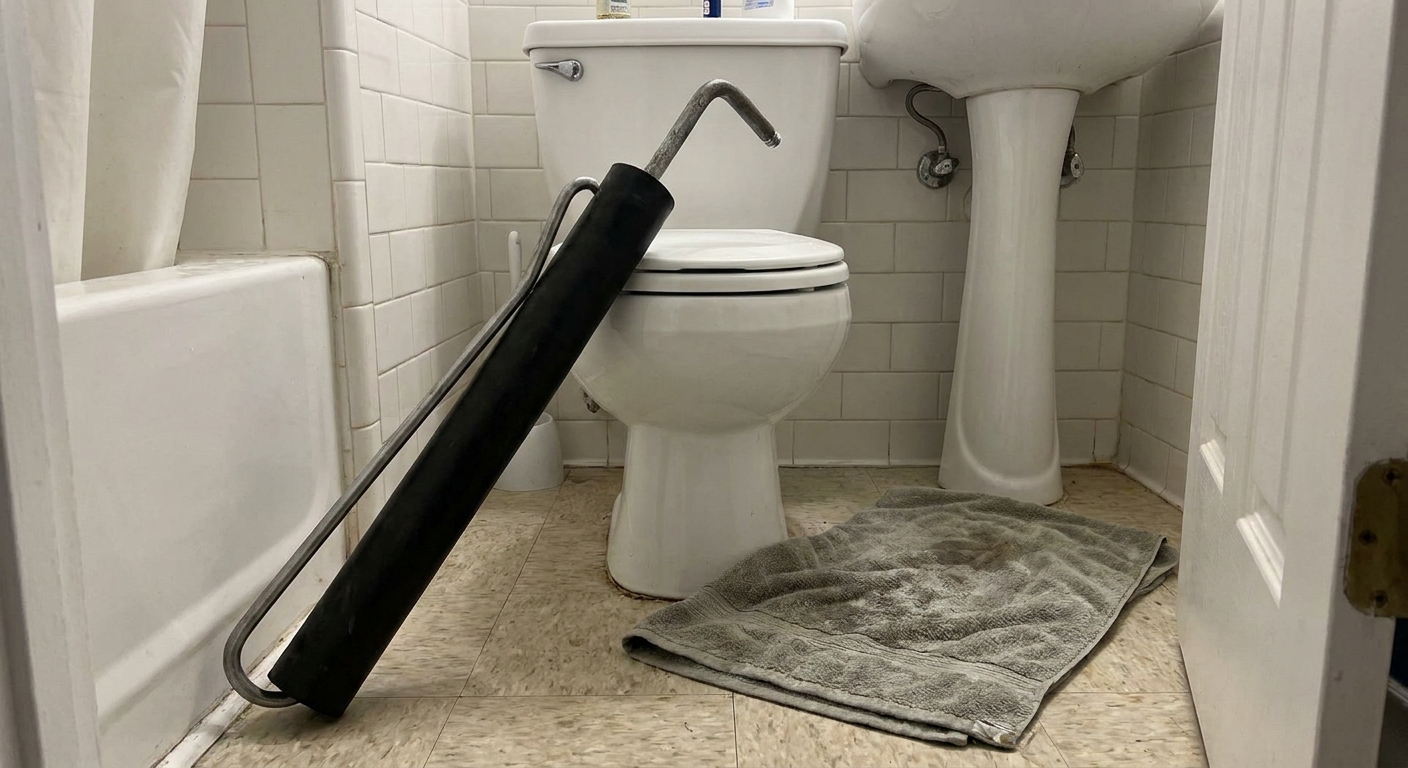 A realistic photo of a closet auger with a protective rubber sleeve leaning against a toilet in a small bathroom, with a towel on the floor