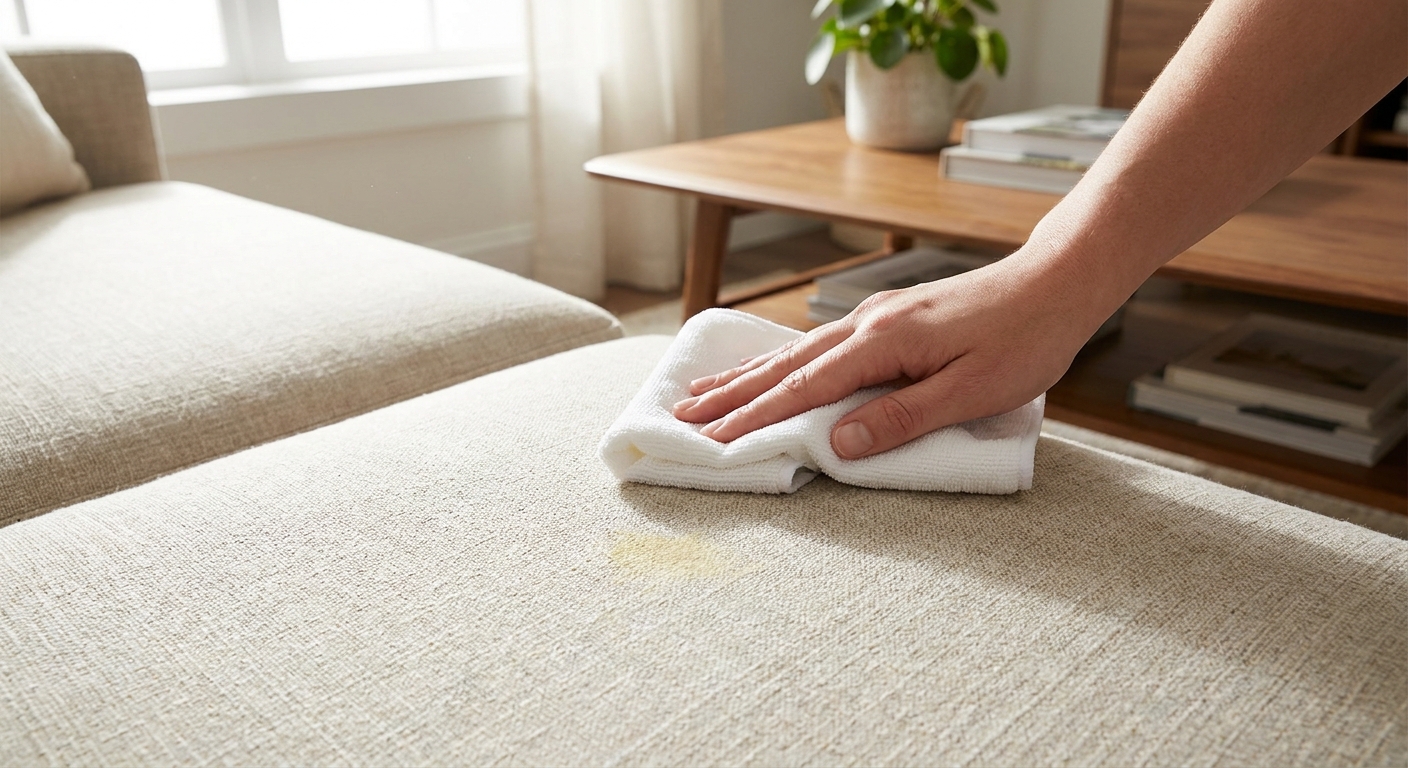 A realistic photo of a light linen sofa cushion being gently dabbed with a white microfiber cloth near a faint yellow stain, soft daylight in a living room