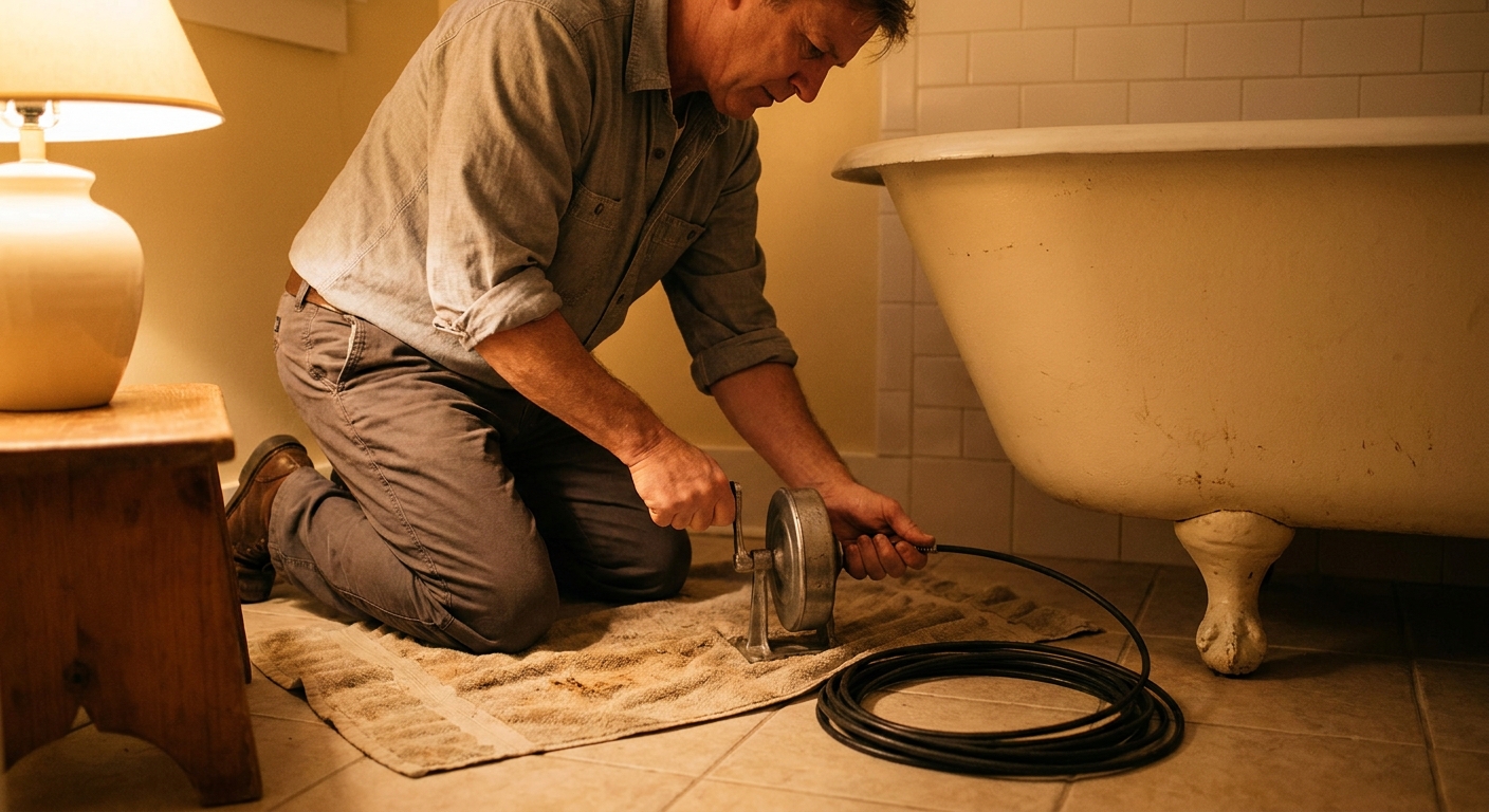 A realistic photo of a person kneeling beside a bathtub using a small hand-crank drain auger with the cable feeding into the tub drain, warm indoor lighting