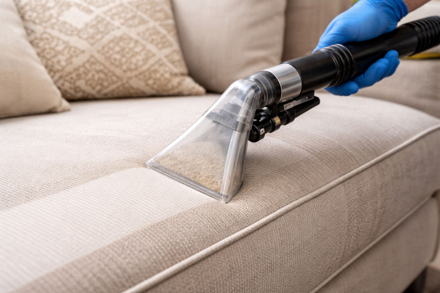 A realistic photo of a wet-dry vacuum nozzle extracting liquid from a couch seat cushion placed on a protective plastic sheet on the floor