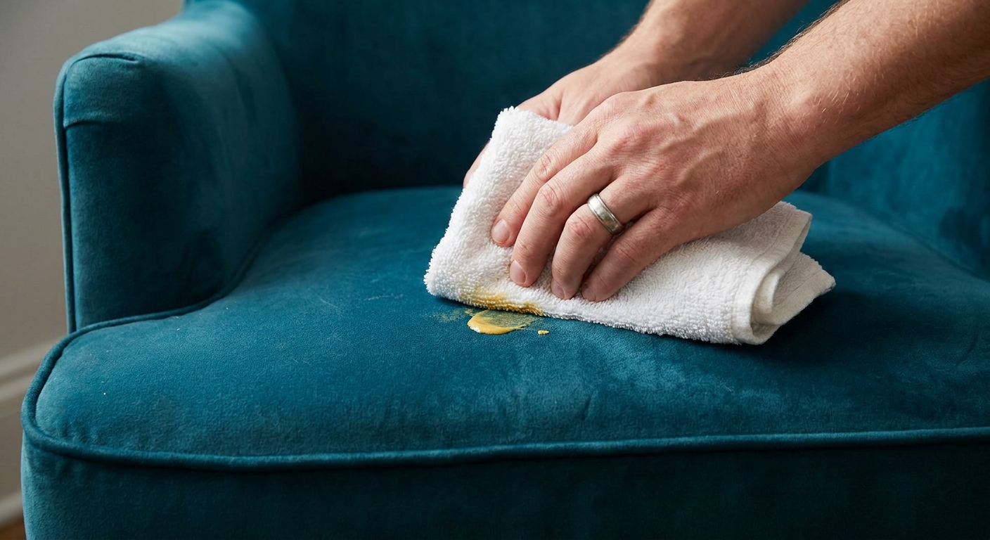 A realistic photo of hands gently blotting a small yellow food stain on a deep teal velvet chair seat using a white cloth, soft indoor lighting