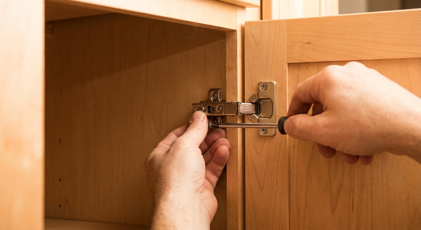 A realistic photo of hands using a Phillips screwdriver to adjust the side-to-side screw on a concealed cabinet hinge inside a kitchen cabinet, warm indoor lighting