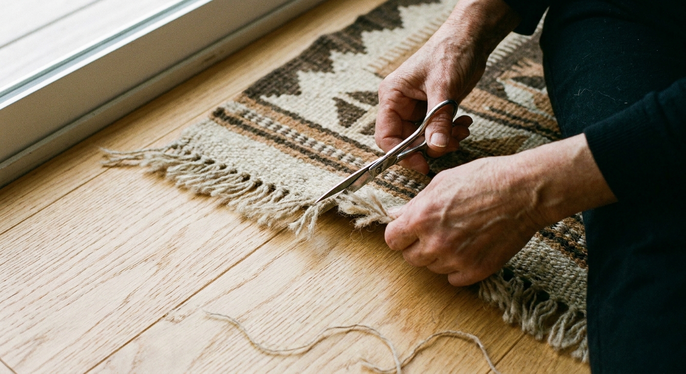A realistic photo of hands using small sharp scissors to carefully trim fuzzy loose fibers from the fringe of a flatweave rug on a light wood floor