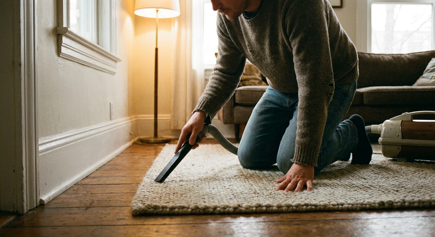 A realistic photograph of a person vacuuming along the edge of a wool rug near a baseboard with a narrow crevice attachment, warm indoor light