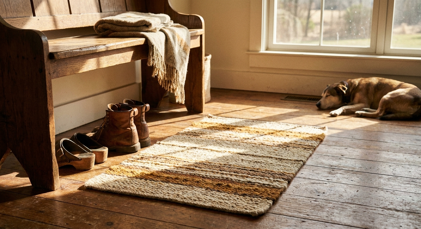 A realistic photograph of a small bound wool rug mat in an entryway with a wooden bench and shoes nearby, warm afternoon light