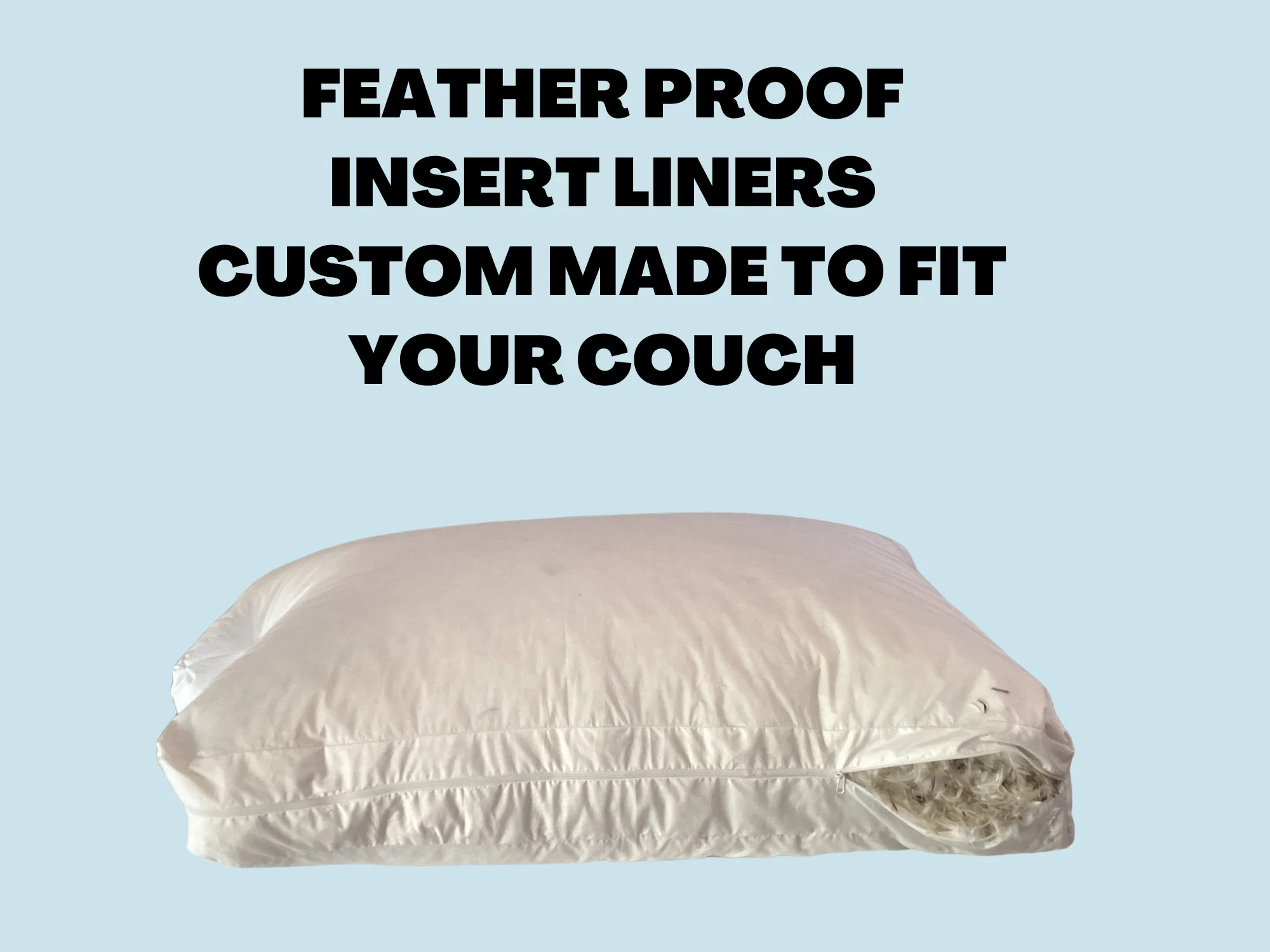 A realistic photograph of a sofa seat cushion insert partially inside a white down-proof ticking liner with a zipper, placed on a neutral sofa frame in soft daylight