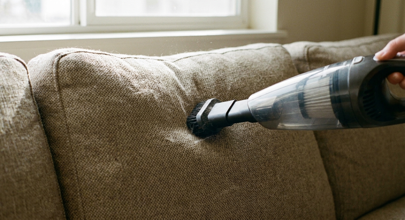 A realistic photograph of a vacuum cleaner upholstery attachment being used on a light brown tweed sofa cushion, with the nozzle gliding slowly along the fabric surface