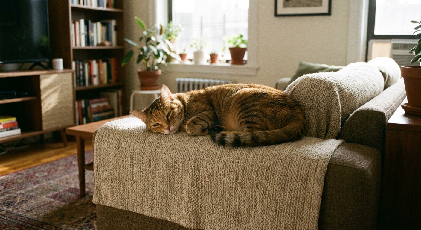 A relaxed tabby cat perched on a sofa arm covered with a tightly woven neutral fabric protector in a softly lit apartment