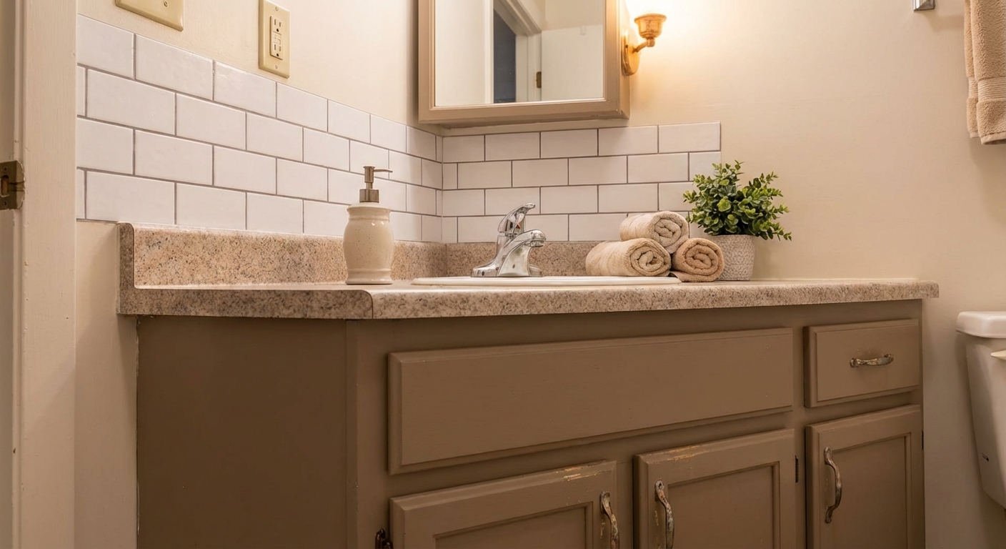 A rental bathroom vanity with a peel-and-stick subway tile backsplash behind the faucet, warm neutral tones, real photography style
