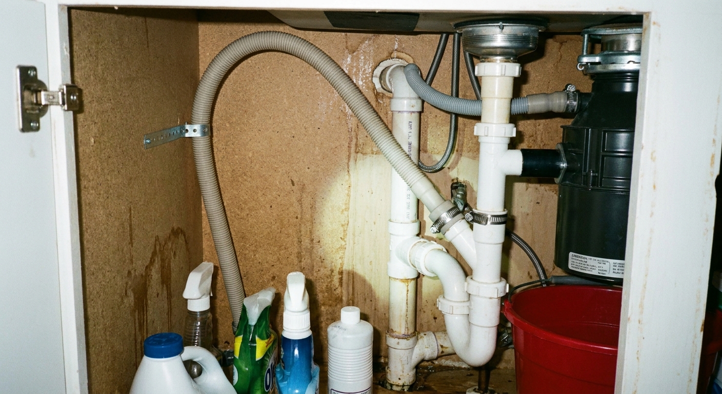 A rental under-sink cabinet showing a dishwasher drain hose secured high along the cabinet wall before connecting to the sink drain, photo