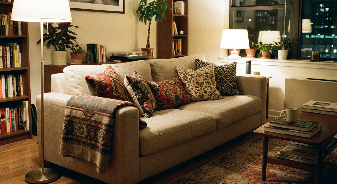 A rented apartment living room with a neutral sofa, mixed-pattern pillows, and a folded patterned throw blanket on the arm, cozy evening lamplight, realistic photo