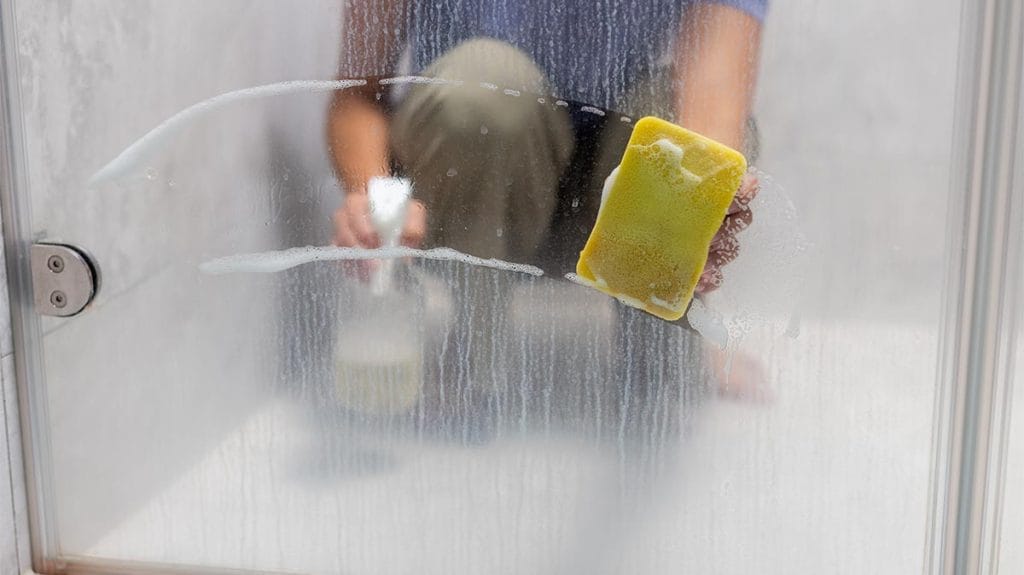 A renter cleaning a glass shower door with visible hard water spots using a microfiber cloth and spray bottle in a bright bathroom, real photo