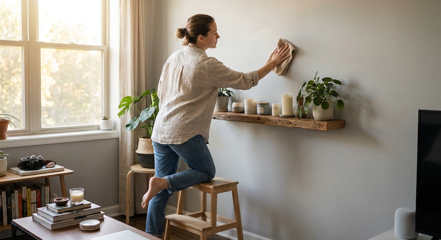A renter gently cleaning a light gray painted wall above a candle shelf using a soft microfiber cloth and a step stool, warm natural window light, realistic home photography