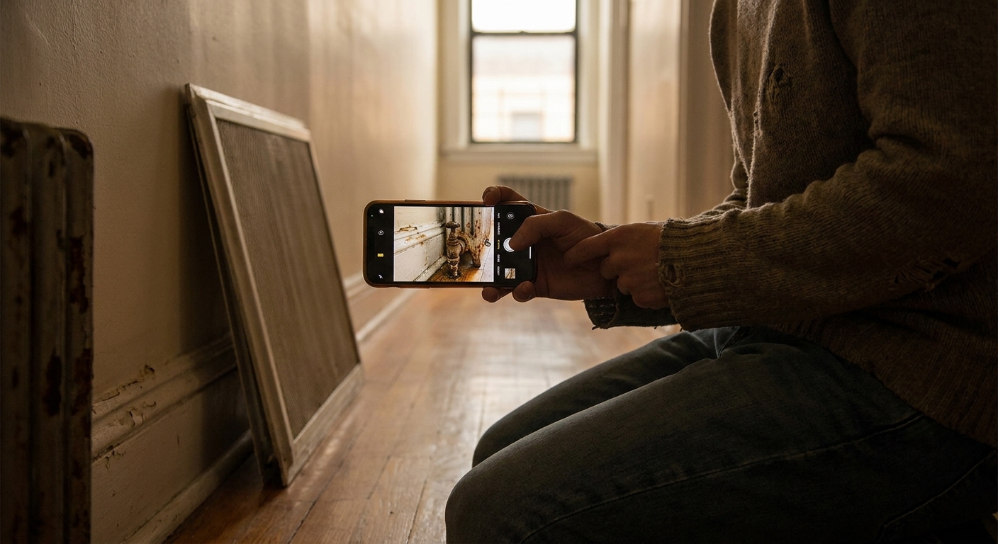 A renter holding a smartphone and photographing a cast iron radiator valve and baseboard before installing a radiator cover, in a softly lit apartment hallway