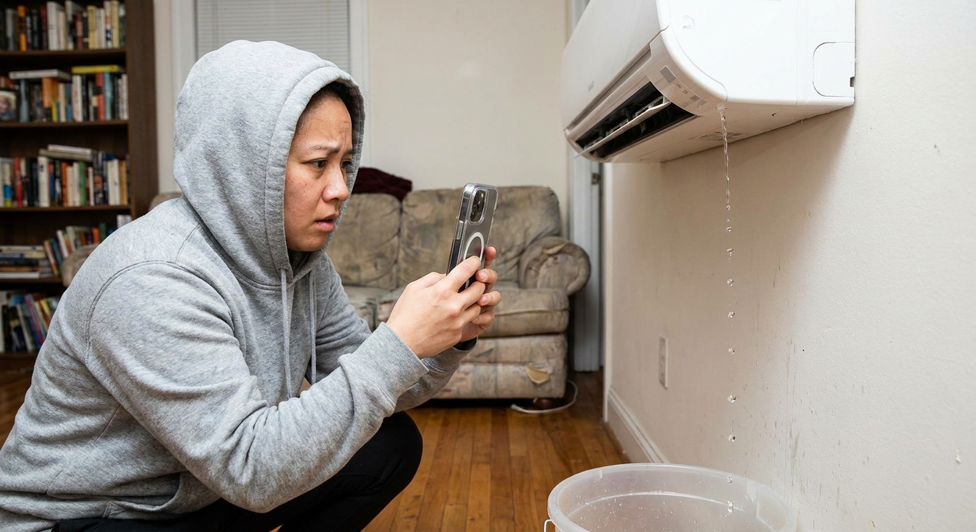 A renter holding a smartphone and taking a close-up photo of water dripping from the underside of a wall-mounted mini split in an apartment, realistic photo
