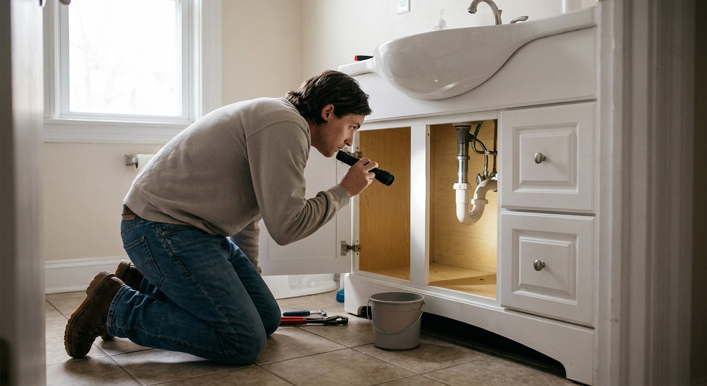A renter kneeling beside a bathroom vanity with the cabinet door open, looking toward the sink drain and P-trap with a flashlight, natural indoor light, realistic photo