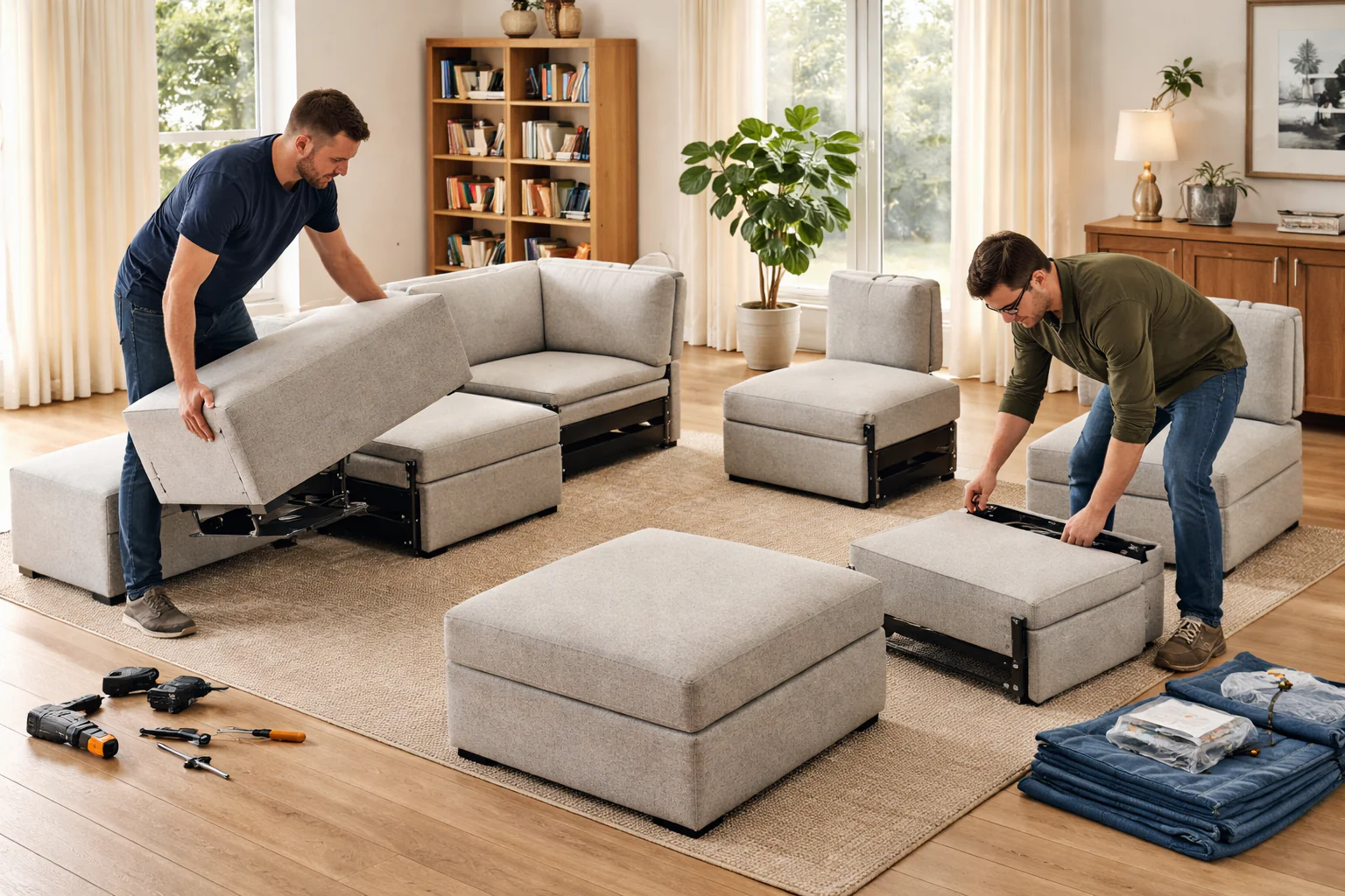 A renter kneeling beside a fabric sofa, using a small flashlight to inspect the zipper seam and piping in a naturally lit living room, real photo