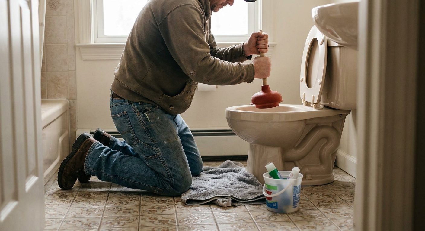 A renter kneeling beside a toilet on a tiled bathroom floor, holding a flange plunger ready to plunge with a towel and a small bucket nearby, realistic indoor photography