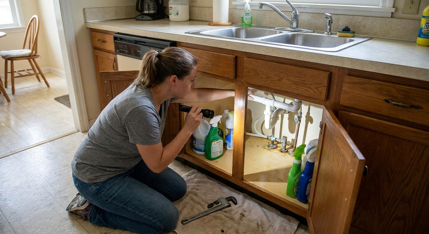 A renter kneeling in front of an open kitchen sink cabinet using a flashlight to look at the faucet supply lines and shutoff valves, real-life indoor photo