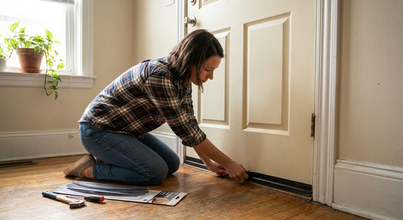A renter kneeling inside an apartment entryway pressing an adhesive door sweep onto the bottom edge of a painted door, natural window light, realistic home photo