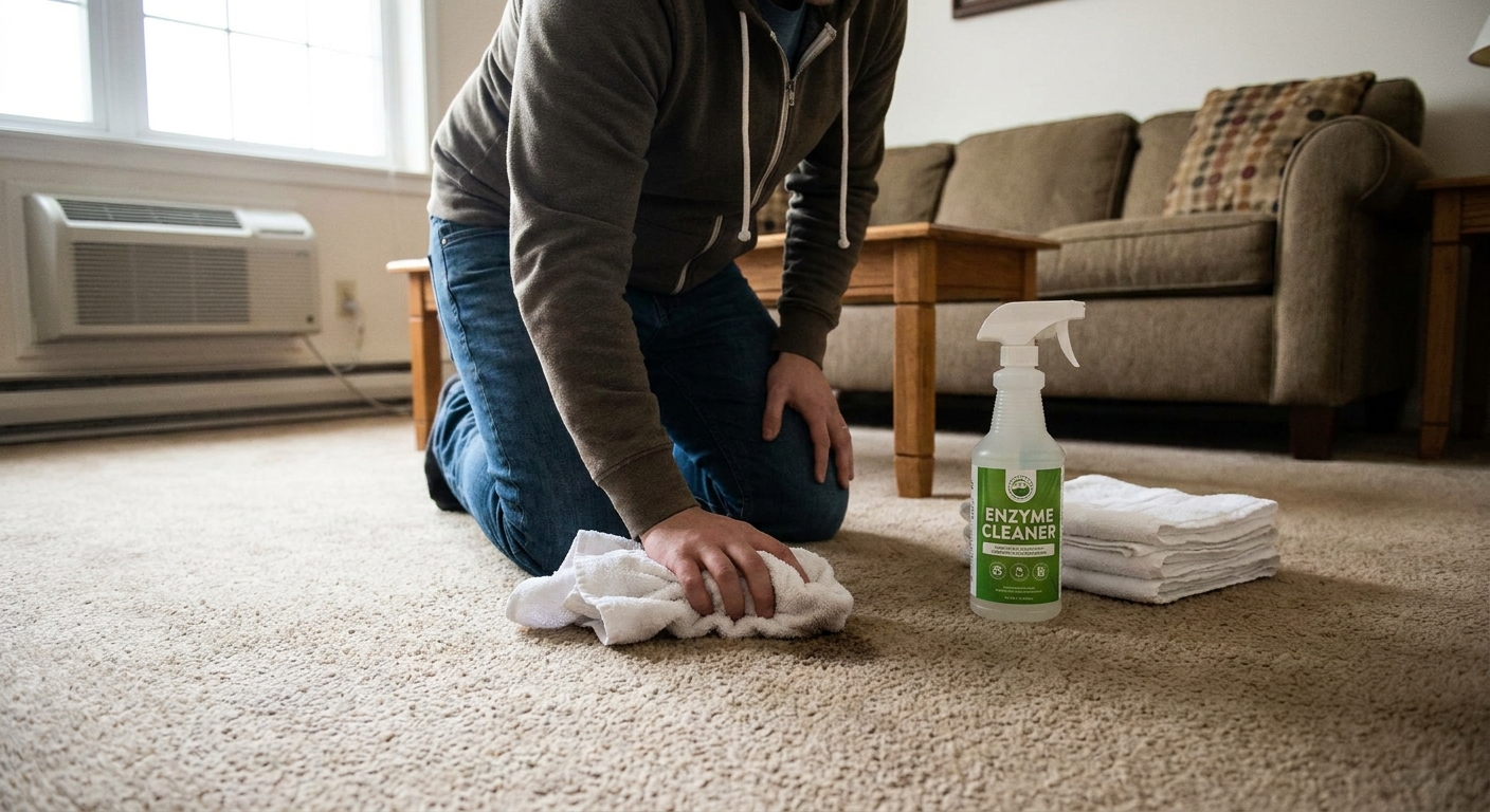 A renter kneeling on beige wall-to-wall carpet, blotting a small pet stain with white towels next to a spray bottle of enzyme cleaner in soft window light, realistic home photo