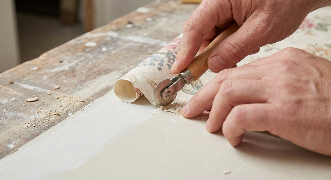 A renter pressing a lifted wallpaper seam back onto a painted drywall surface using a small seam roller, close-up photography showing careful, gentle pressure